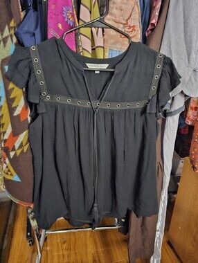 Rebecca Minkoff Black Eyelet Tassel Peasant Top